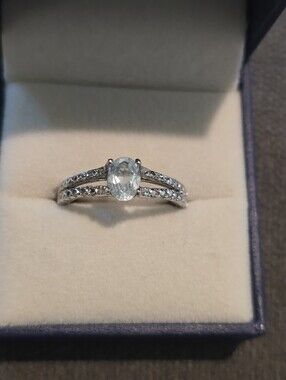 Sterling Silver Aquamarine Split-Shank Ring with Pavé Accents